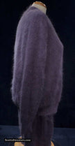 Woman wearing cinereous-grey 3-piece angora cardigan with short and long skirts medium size