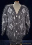 Woman's super-soft grey and white argyle angora cardigan sweater medium size