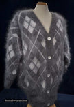 Woman's super-soft grey and white argyle angora cardigan sweater medium size