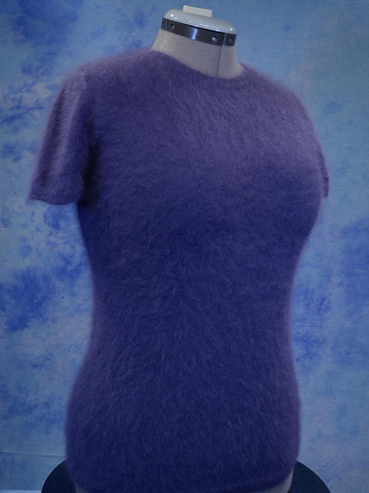 Girl's dusty purple short-sleeved angora sweater by Sister Sibling on mannequin
