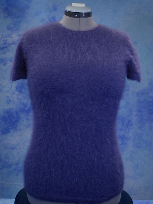 Girl's dusty purple short-sleeved angora sweater by Sister Sibling on a mannequin