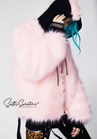 Punk style thick and fluffy pink faux-fur jacket with black hood and hanging straps on cuffs