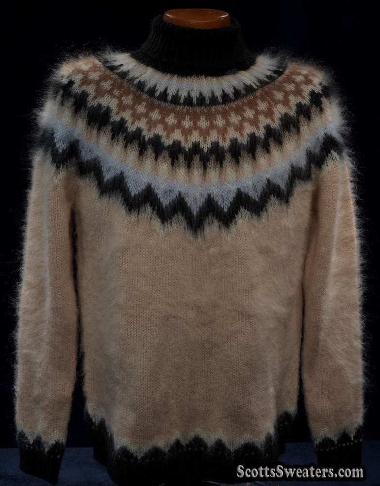 Cream men's turtleneck mohair sweater with black tan white Fair Isle Icelandic yoke design large size 46