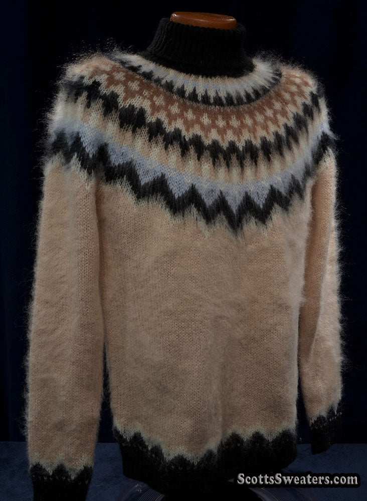 Cream men's turtleneck mohair sweater with black tan white Fair Isle yoke design, size large