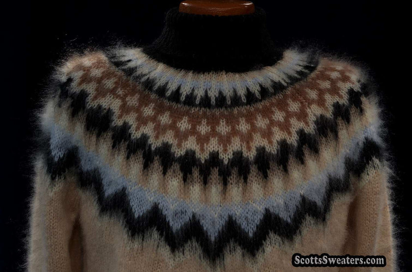 Cream men's turtleneck mohair sweater with black, tan, and white Fair Isle Icelandic yoke design, size large 46