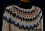 Cream men's turtleneck mohair sweater with black, tan, and white Icelandic Fair Isle yoke design in large size