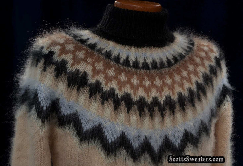 Cream men's turtleneck mohair sweater with black, tan, and white Icelandic Fair Isle yoke design in large size