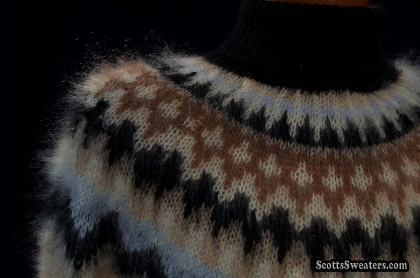 Cream men's turtleneck mohair sweater with Icelandic Fair Isle yoke design in black, tan, and white