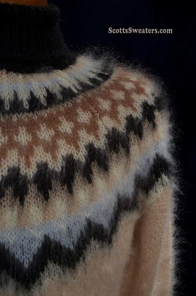 Men's cream turtleneck mohair sweater with black tan white Fair Isle yoke design size large