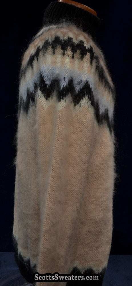 Cream men's turtleneck mohair sweater with black, tan, and white Icelandic yoke design