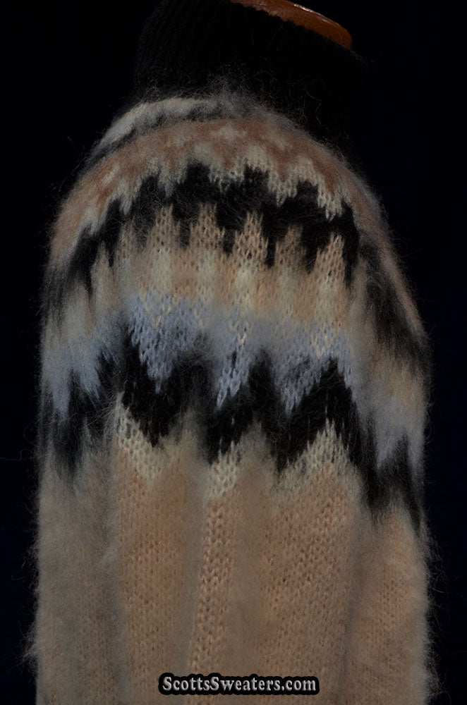 Cream men's turtleneck mohair sweater with black tan white Fair Isle Icelandic yoke design in large size
