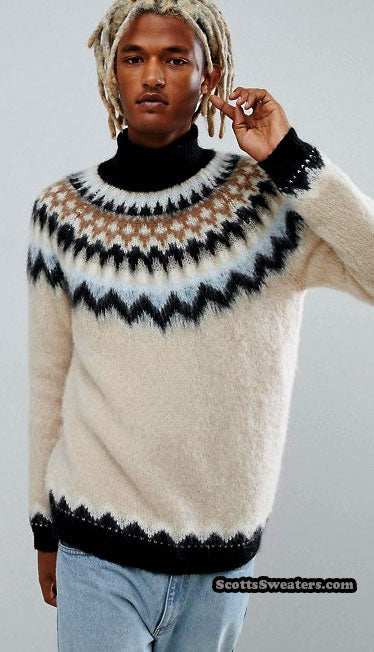 Cream men's turtleneck mohair sweater with black tan white Fair Isle Icelandic yoke design large size 46