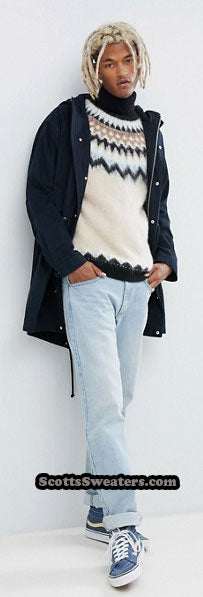 Cream men's turtleneck mohair sweater with black, tan, white Fair Isle Icelandic yoke design, size large 46