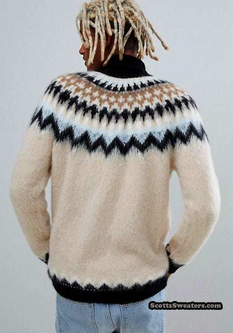 Men's cream turtleneck mohair sweater with black tan white Fair Isle Icelandic yoke design size large