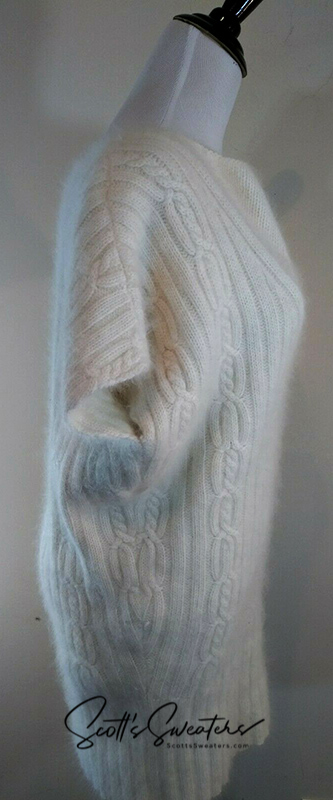 White angora cowlneck cable-knit sweaterdress with draped top-sleeves by Willi Smith, medium size