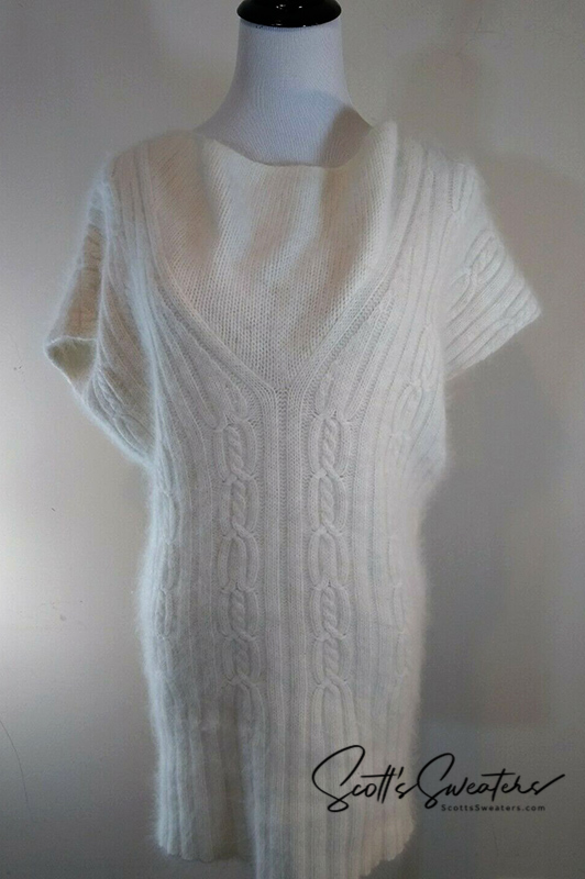 White angora cowlneck cable-knit sweaterdress with draped top sleeves by Willi Smith in medium