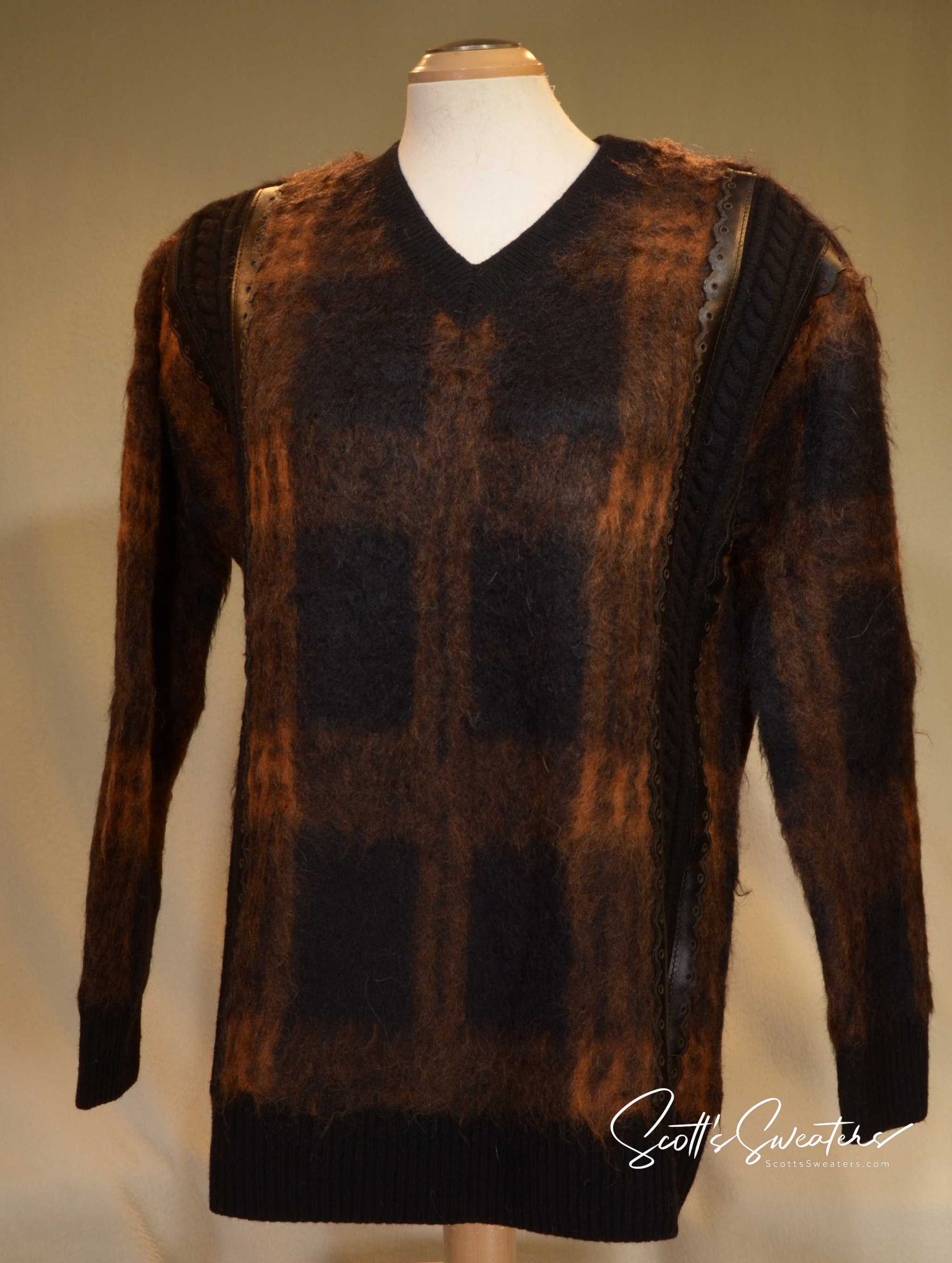 Coach Sweater black and gold fuzzy mohair V-neck with leather edging, unisex slouchy fit