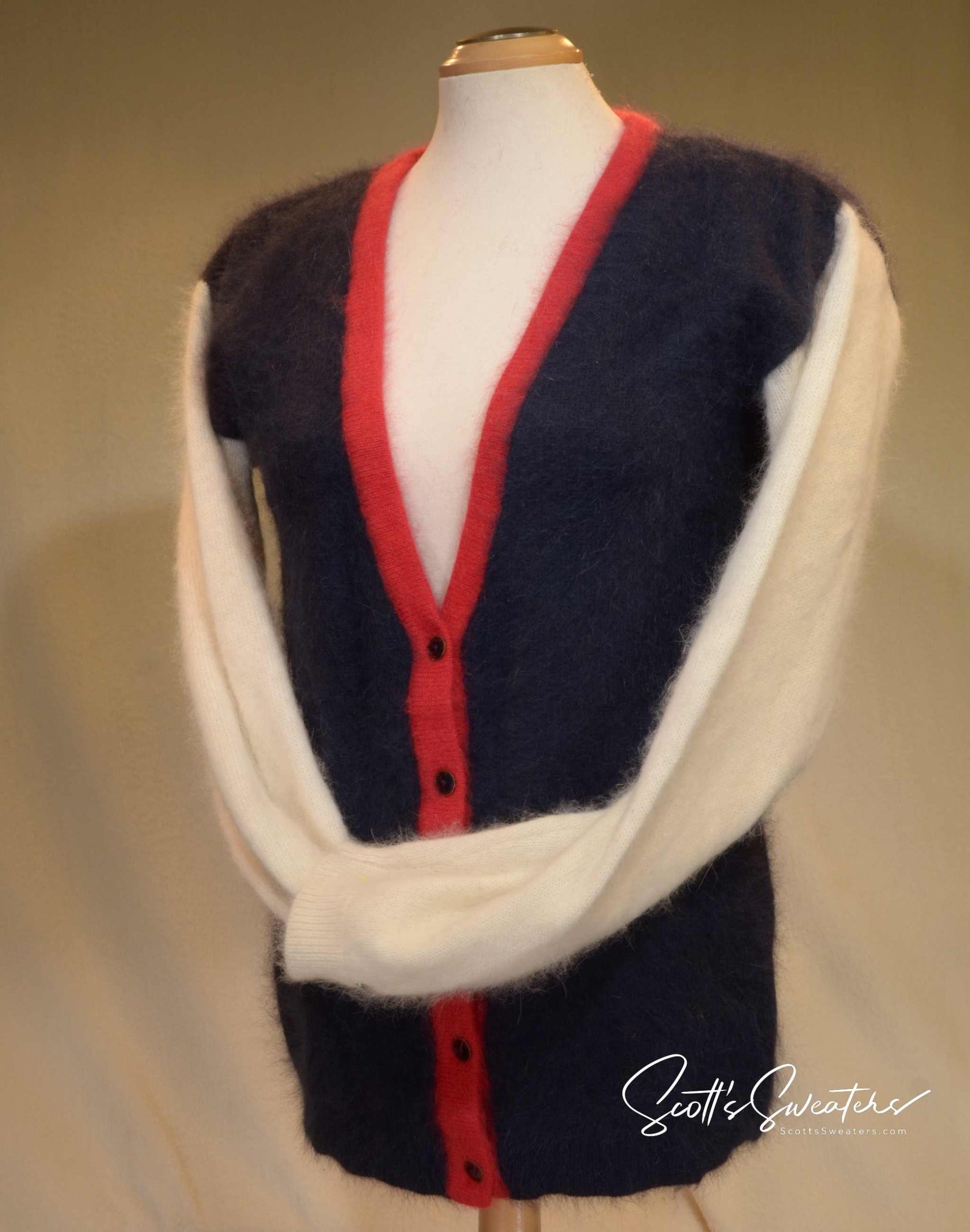 Women's soft cardigan navy-blue angora sweater with white sleeves by Tommy Hilfiger