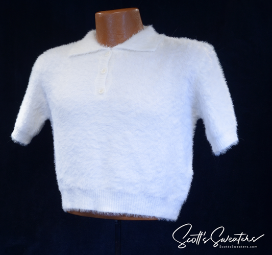 Woman's Fuzzy White Plush Eyelash Crop-top Polo-neck Sweater