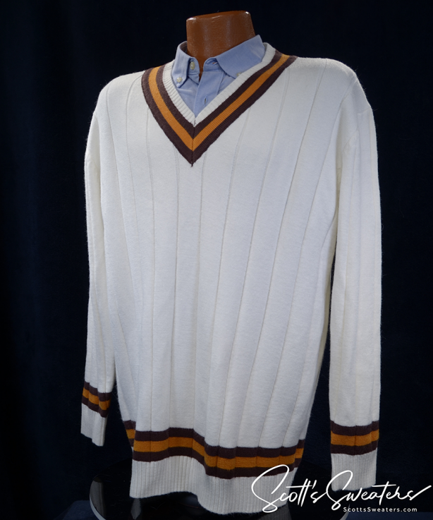 Men's tennis sweater sporty V-neck white pullover sweater with brown and gold striped trim on neck, cuffs, and waist