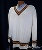 Men's tennis sweater sporty V-neck white pullover sweater with brown and gold striped trim on neck, cuffs, and waist