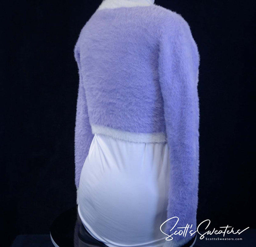 Girl's or Woman's soft purple plush fuzzy cardigan sweater back view