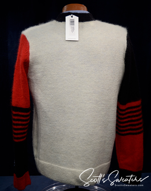 Unisex WeSC skateboarder street wear mohair cardigan sweater with red and black striped sleeves, medium size, back view