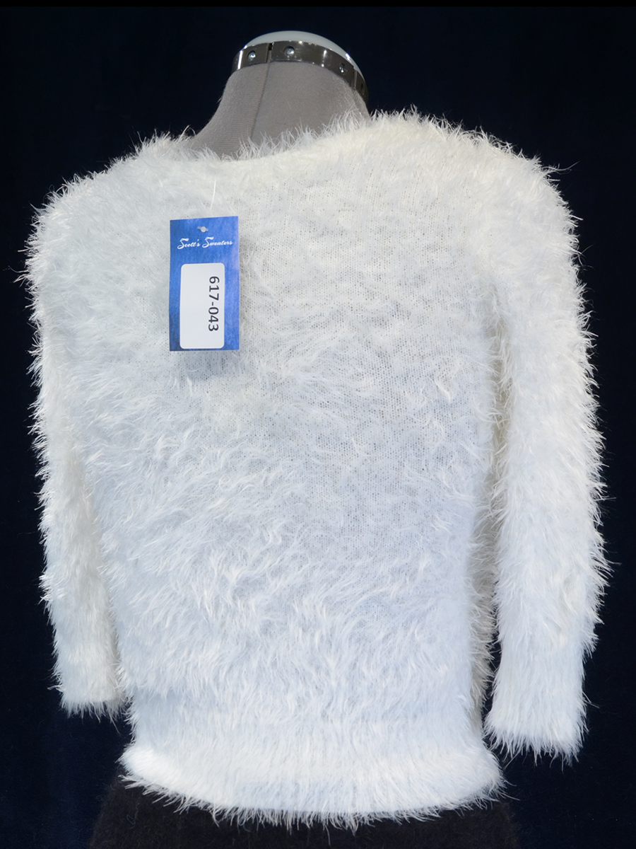 Woman's fuzzy white plush 3/4 sleeve V-neck crop-top sweater back view