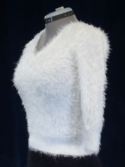 Woman's fuzzy white plush eyelash deep V-neck crop-top sweater with 3/4 sleeves