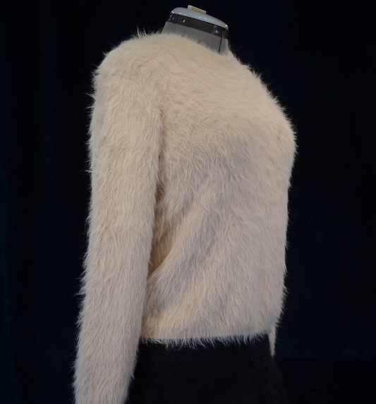 Woman's fuzzy beige plush eyelash crewneck sweater by Lou & Grey on mannequin