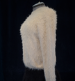 Woman's fuzzy beige plush eyelash crewneck sweater by Lou & Grey on mannequin side view