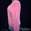 Woman's fuzzy hot-pink plush V-neck sweater side view on mannequin