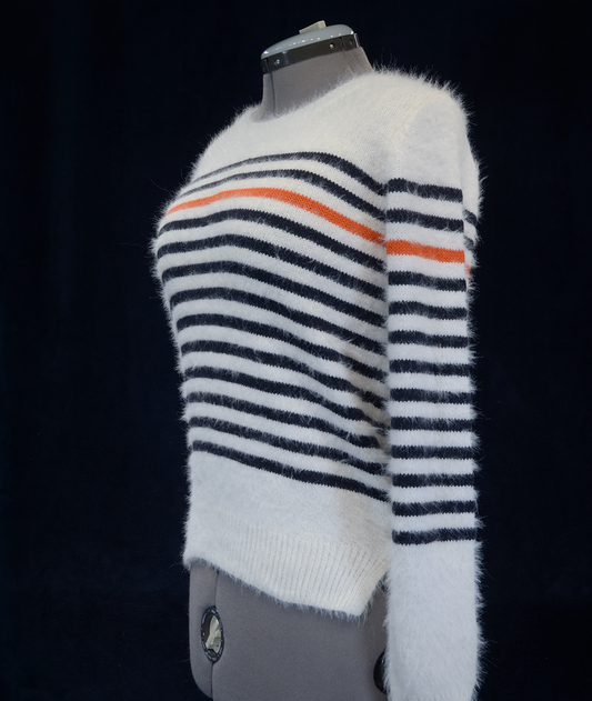 Woman's fuzzy white plush crewneck sweater with black and orange horizontal stripes by Anthropologie Moth