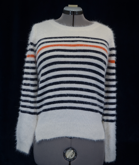 Woman's fuzzy white plush crewneck sweater with black and orange horizontal stripes by Anthropologie Moth
