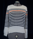 Woman's fuzzy white plush crewneck sweater with black and orange horizontal stripes by Anthropologie Moth