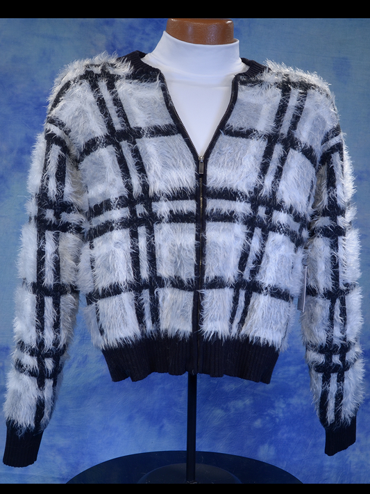 Woman's grey plaid fuzzy eyelash cardigan sweater with black and white check pattern and front zipper