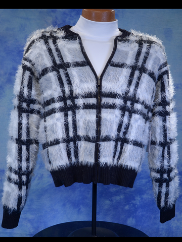 Woman's grey plaid fuzzy eyelash cardigan sweater with black and white check pattern and front zipper