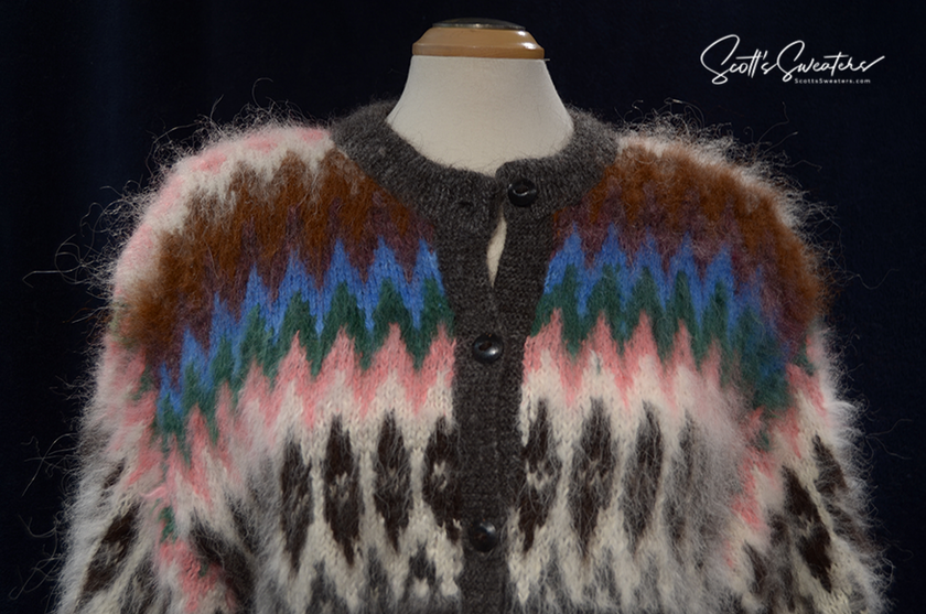 Woman's colorful ultra-soft grey alpaca cardigan with multi-color ethnic stripes and wooden buttons in small size
