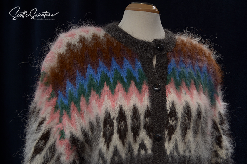 Woman's colorful ultra-soft grey alpaca cardigan with multi-color ethnic stripes and wooden buttons