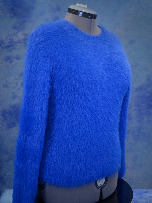 Woman's fuzzy royal-blue plush eyelash crewneck sweater by Lou & Grey on a mannequin