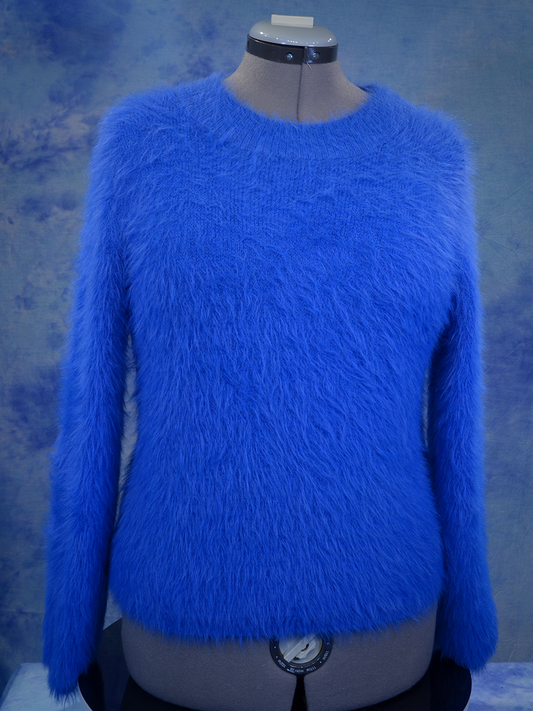 Woman's fuzzy royal-blue plush eyelash crewneck sweater by Lou & Grey on mannequin