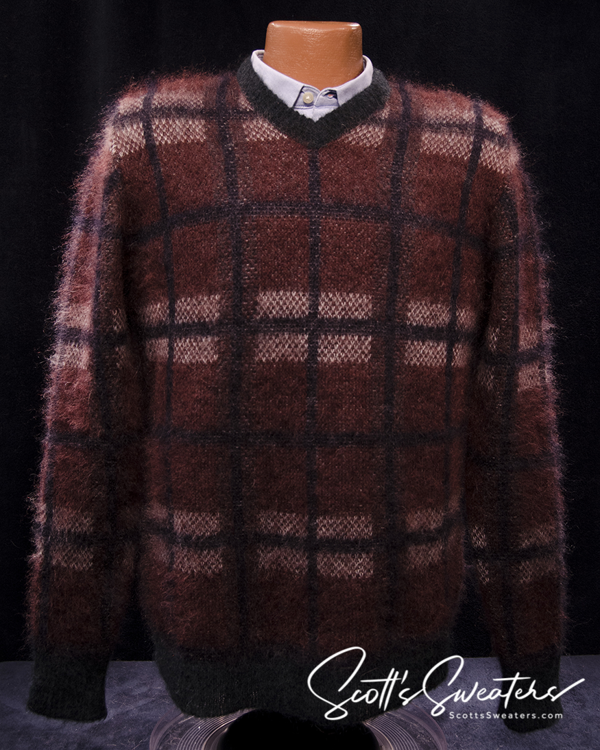 Men's mohair sweater brick-red plaid V-neck fuzzy pullover by Roberto Collina