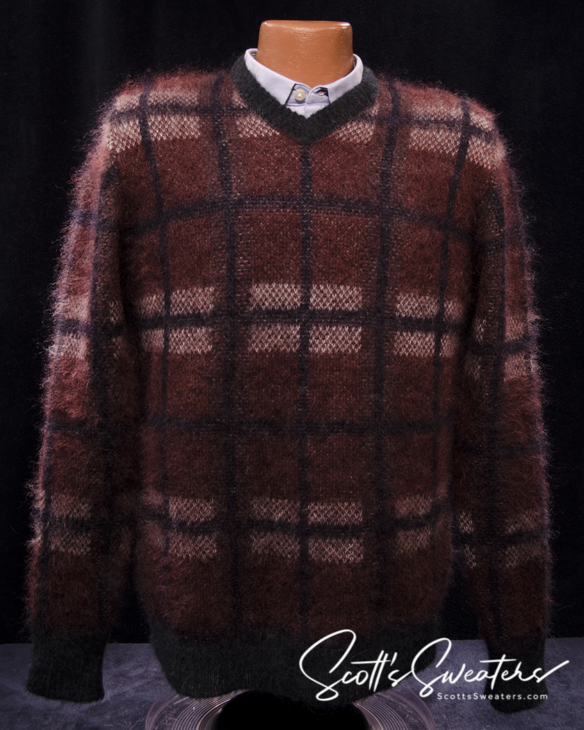 Men's mohair sweater brick-red plaid V-neck fuzzy pullover by Roberto Collina