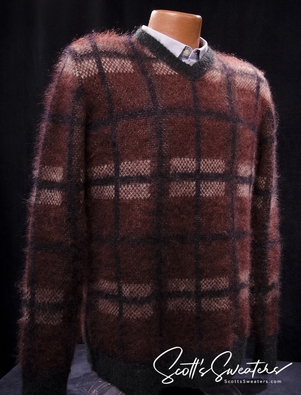 Men's mohair sweater by Roberto Collina with brick-red plaid fuzzy V-neck design