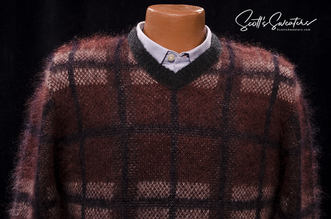 Men's mohair sweater in brick-red plaid with V-neck by Roberto Collina, medium size
