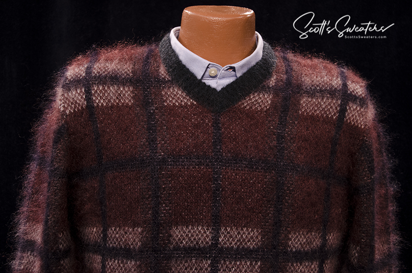Men's mohair sweater in brick-red plaid with V-neck by Roberto Collina, medium size