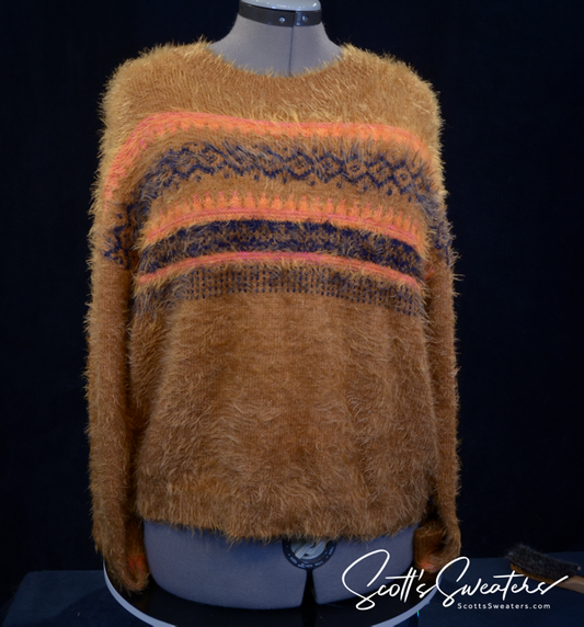 Woman's Fuzzy Golden-brown Plush Eyelash Crewneck Sweater by Abound Helena