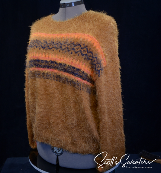 Woman's Fuzzy Golden-brown Plush Eyelash Crewneck Sweater by Abound Helena
