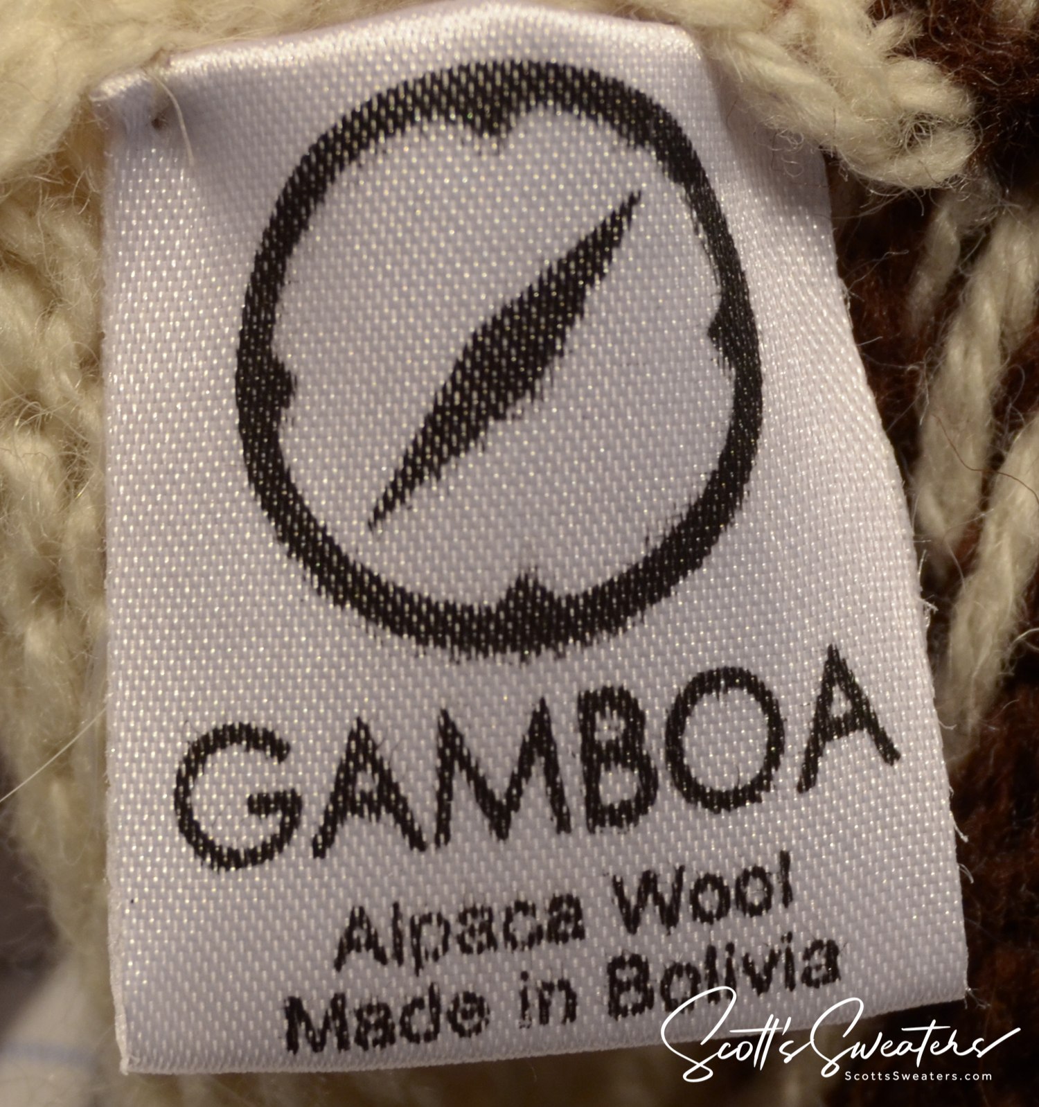 Men's soft alpaca white crewneck sweater with dark brown and tan yoke by Gamboa, size large