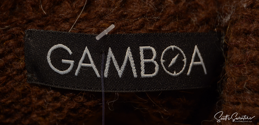 Men's soft alpaca white brushed crewneck sweater with dark brown and tan yoke by Gamboa, size large 46